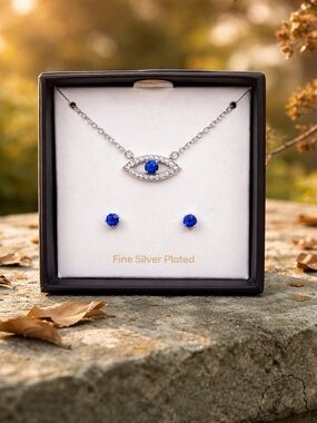 Fine Silver Plated Blue Crystal Eye Necklace & Stud Earrings Set